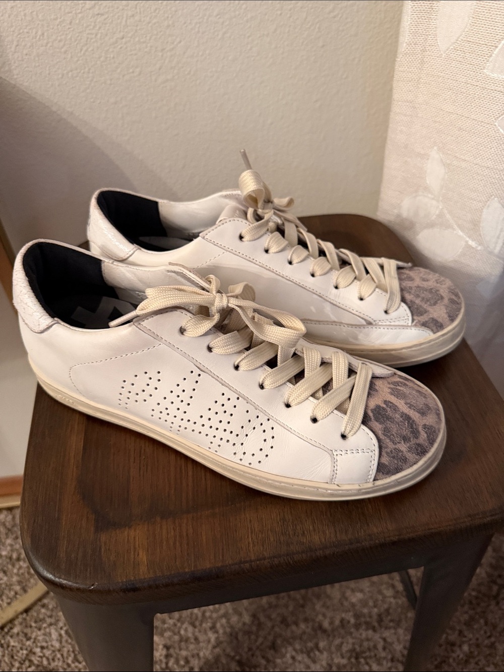 P448 White Leather Sneakers with Beige Leopard Toe